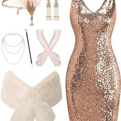 7 Pcs 1920s Women's Flapper Costumes Include V Neck Sequin Dress Shawl Wraps Headwear Earring Necklace Glove Stick small