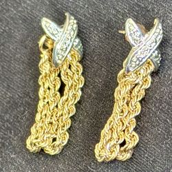 10K Yellow Gold Double Rope Dangle Earrings with White Gold Knot Design Detailing-Like New!