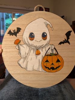 Ghost and pumpkin Halloween wood art