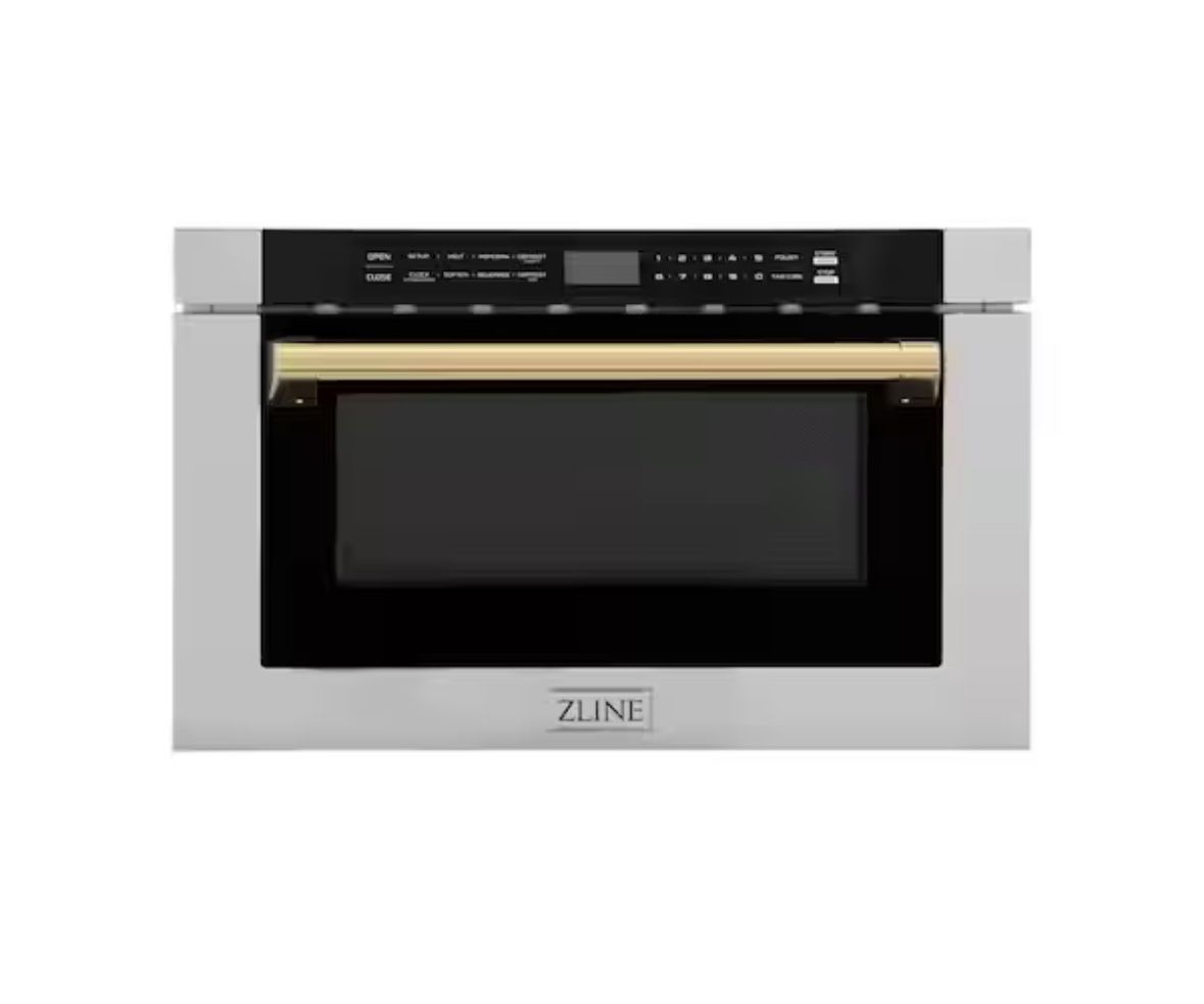 New ZLINE Autograph Edition 24 in. Built-in Microwave Drawer with a Traditional Handle in Stainless Steel and Polished Gold Accents (MWDZ-1-H-G)