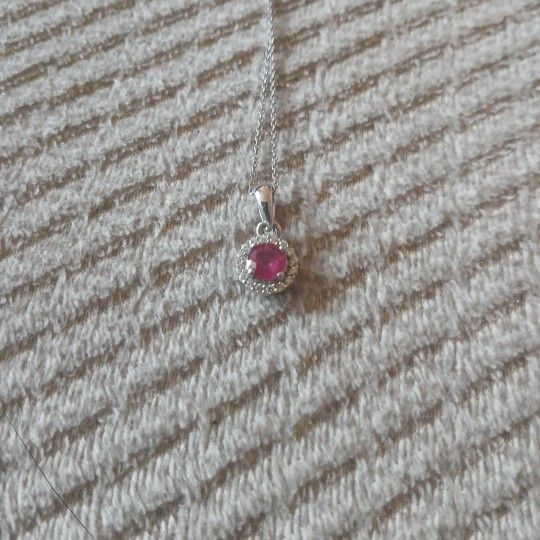 Sterling Silver Halo Ruby W/ Small Saphires On 925 18" Chain