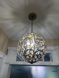 Feiss Arabesque 3 Light Chandelier silver leaf patina 32h x 17 diameter. Smoke free household