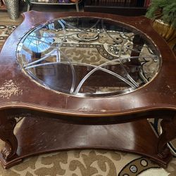 Traditional Solid Cherry Wood Glass Top Coffee Table 