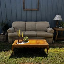 Skirted Neutral Striped Sofa – Comfy, Classic & Spacious