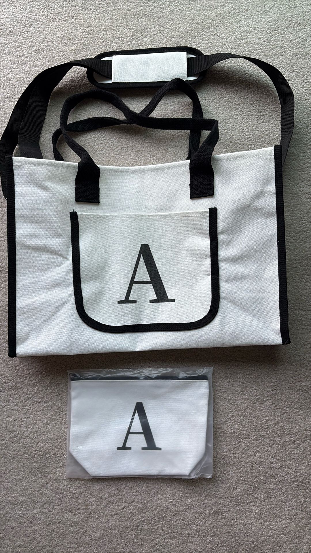 Personalized Initial “A” White With Black Trim Tote Bag