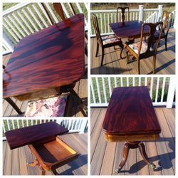 Antique Empire Style Mahogany Flip Top Game / Console Table w 4 Chairs