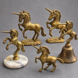 Vintage Brass Unicorn Collection of 5 Figurines & Bell