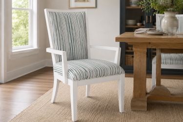 White Coastal Dining Arm Chair – Upholstered Striped Accent Chair