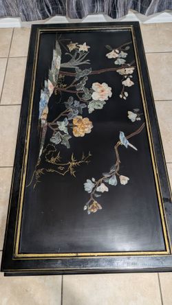 Vintage Chinese Black Lacquer Mother of Pearl Coffee Table with Glass Top