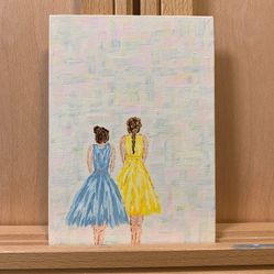 Two Girls in Their Pretty Dresses Original Acrylic Painting With Beautiful Colors, Artist Signed, 5 x 7, Unframed