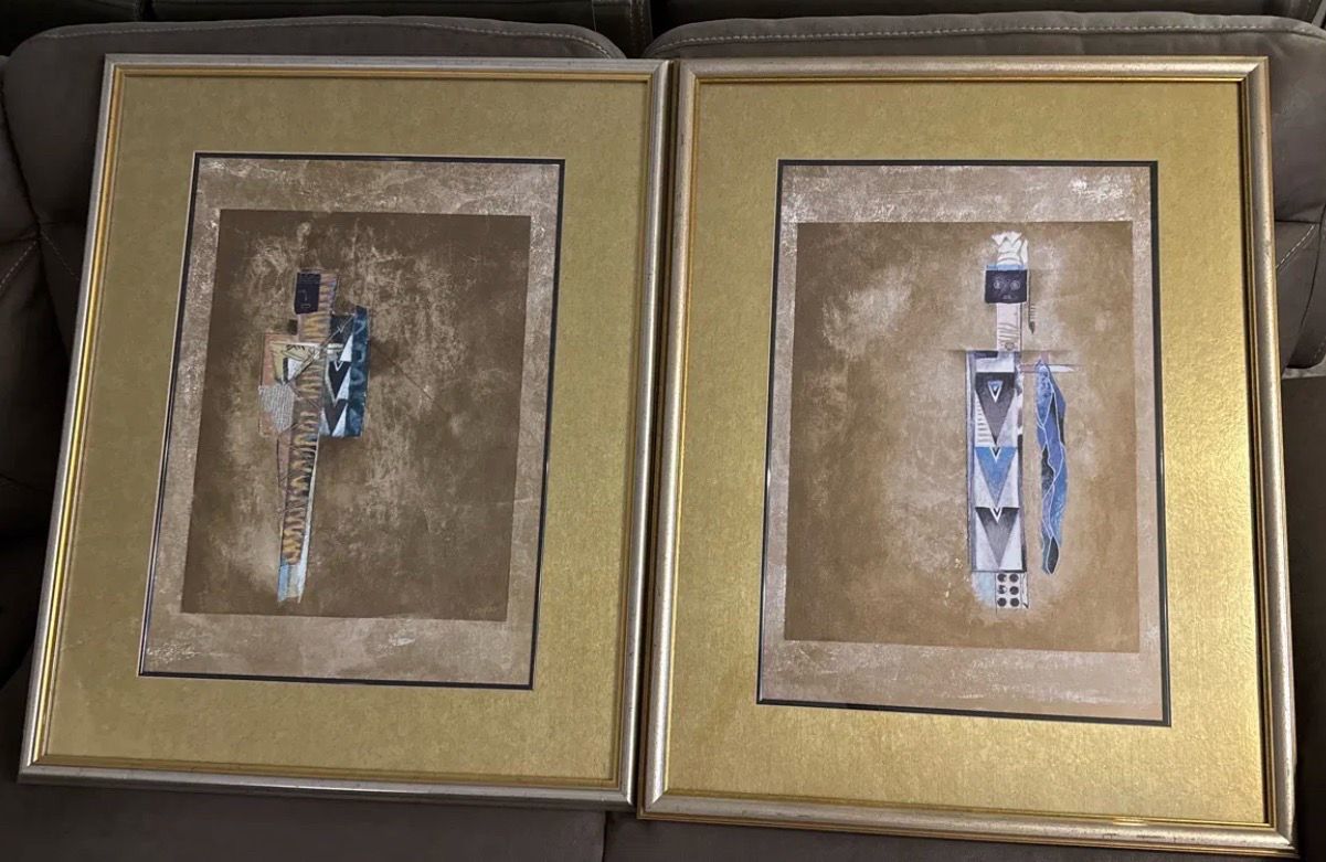 Matched Pair — Original Southwest Kachina Figure Mixed Media Art — Signed Douglas — Boca Raton Gallery — Gold Frames
