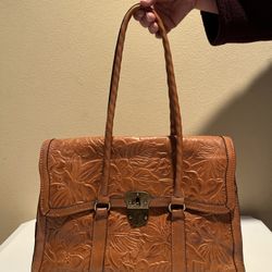 Patricia Nash Vienna Satchel Handbag Brown Tooled Leather