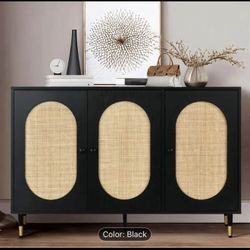 Black 47'' Rattan Buffet Cabinet With 3 Doors & Adjustable Shelf | Stylish