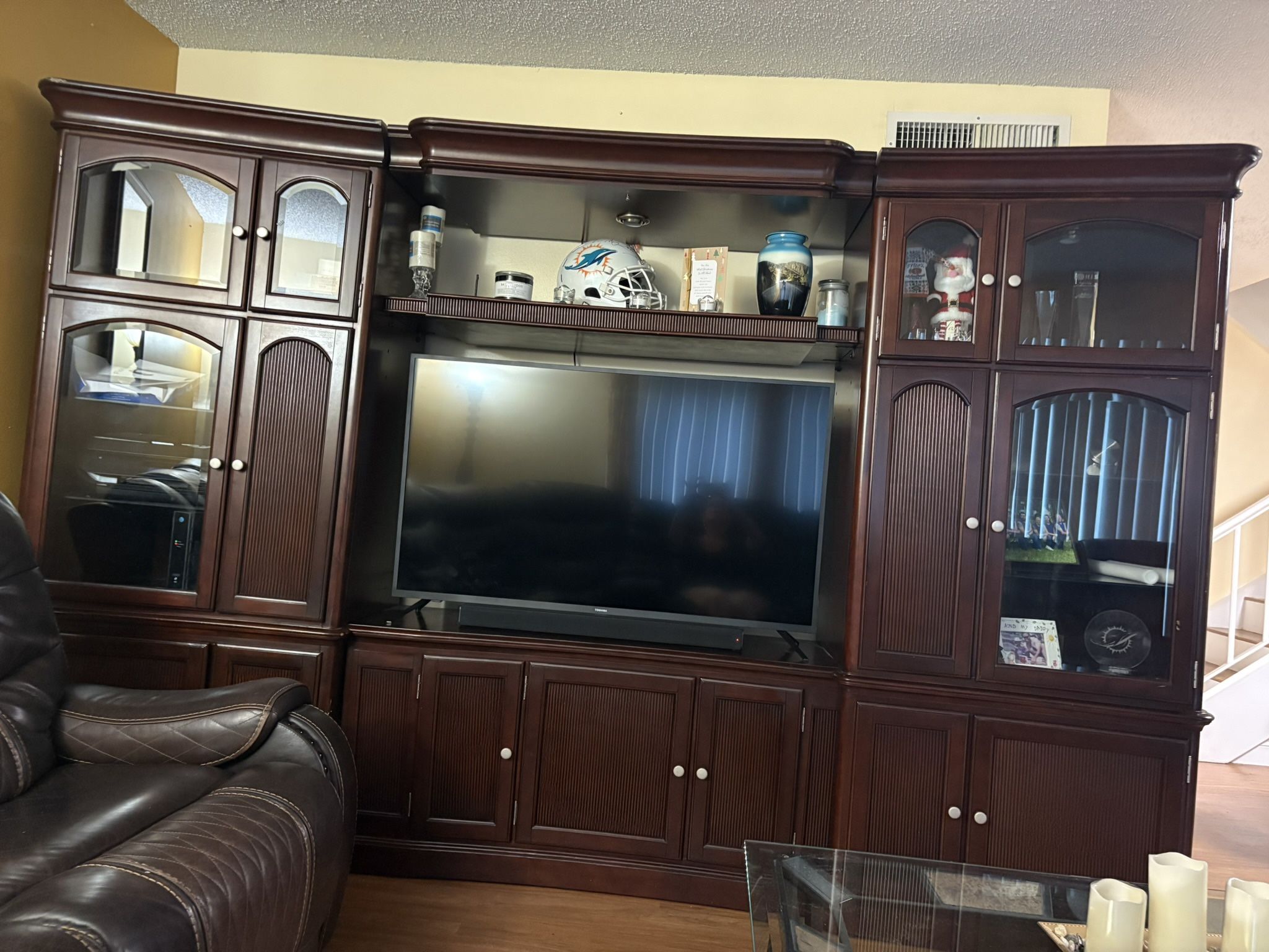 Wood Entertainment Center With Cabinets And Drawers