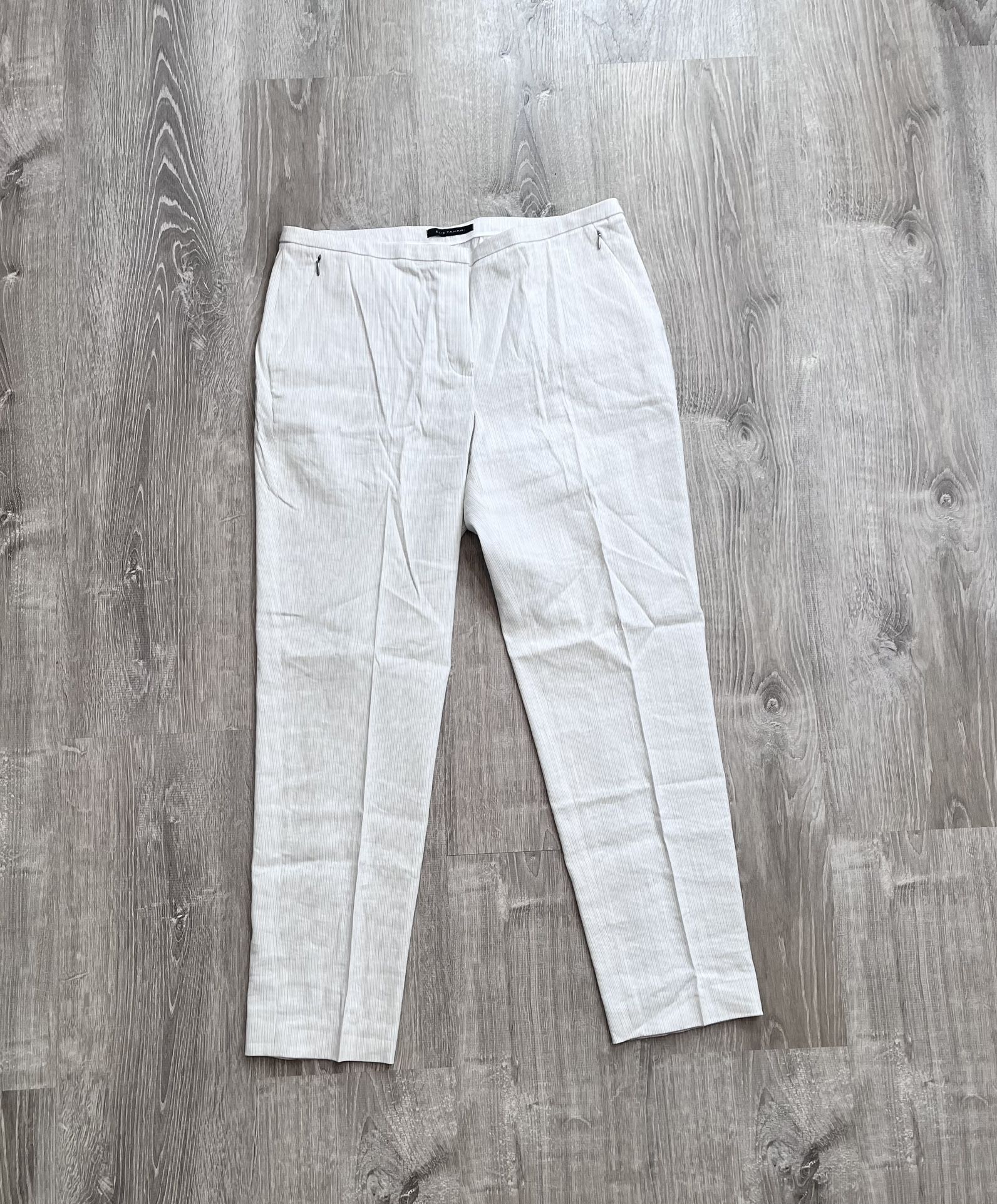 Elie Tahari Size 12 White Black Linen Straight Leg Slack Dress Pants Trousers