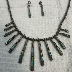 Native Beads Stick Necklace Silver Handmade Sterling Multi Color Inlay Navajo