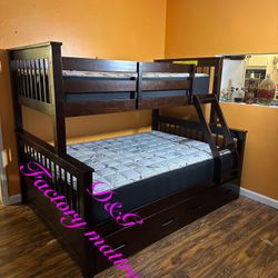 Twin / Full Bunk Bed Espresso With Drawers  81"W x 58"D x 65"H  Matte Included    Litera Full Twin Con Cajones. Color Cafe Expresso Colchones Incluido