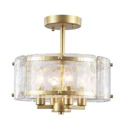 Wilhelm 12.6 in.4-Light Gold Modern Drum Candle Semi-Flush Mount with Glass Panels Shade and No Bulbs Included L18