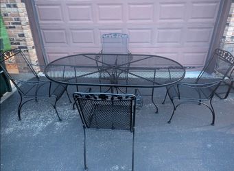 Large Oval Wrought Iron Patio Table with 4 High Back Arm Chairs