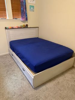 White Wood Bed Frame with Storage Drawers