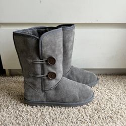 Women’s Lamo Grey Suede Button Faux  Fur Mid Calf Boots