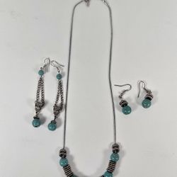 Turquoise Necklace and Earring Set Simulated Stones Silver Tone
