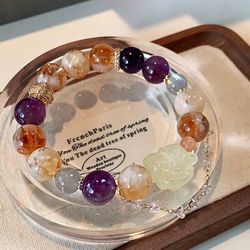 AAAA Grade 12mm l Amethyst +Citrine Crystal Bracelet+Lucky Cat Charm for Wealth