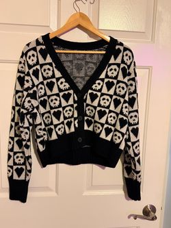 Women’s XL Skull & Heart Checkered Knit Cardigan – Black & Cream – Worn Once