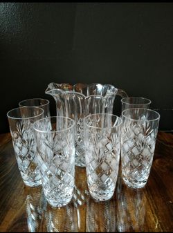 Vintage Full Lead Cut Crystal Pitcher With Glasses