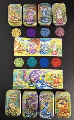 Complete Set Of 8 Prismatic Evolutions Empty Mini Tins w/ Image Cards + Coins