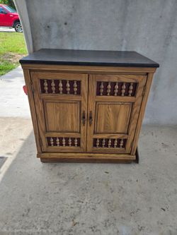 Vintage Mediterranean Style Wood Accent Cabinet With Faux Marble Top