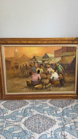 Framed Oil Painting Market Scene