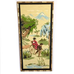 Vintage Japanese Geisha Large Needlepoint Art Framed