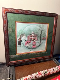 Framed Folk Art Print with Green Mat