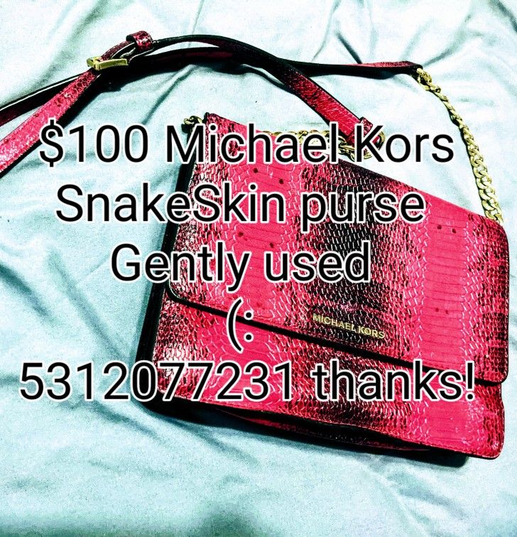 Michael Kors Purse (Pink & Black Snakeskin) Cross Over Gold Chain.
