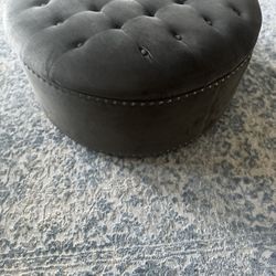 Round Grey Velvet Upper Tiffed Ottoman 