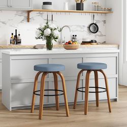 Swivel Bar Stools Set of 2, 26" Counter Height Backless Bar Stools, Fabric Upholstered Seat, Sturdy Curved Wood Legs, Mid-Century Modern Island Stools