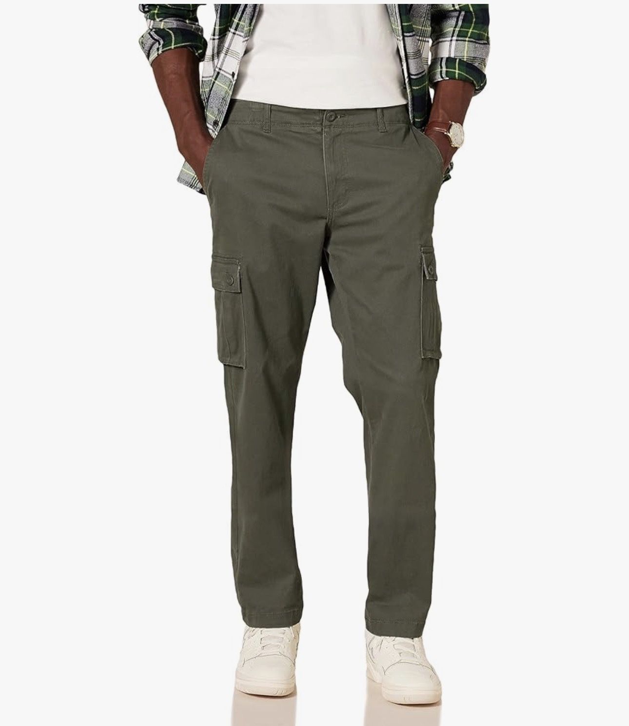 Amazon Essentials Men's Straight-Fit Stretch Cargo Pants in a olive cotton blend material