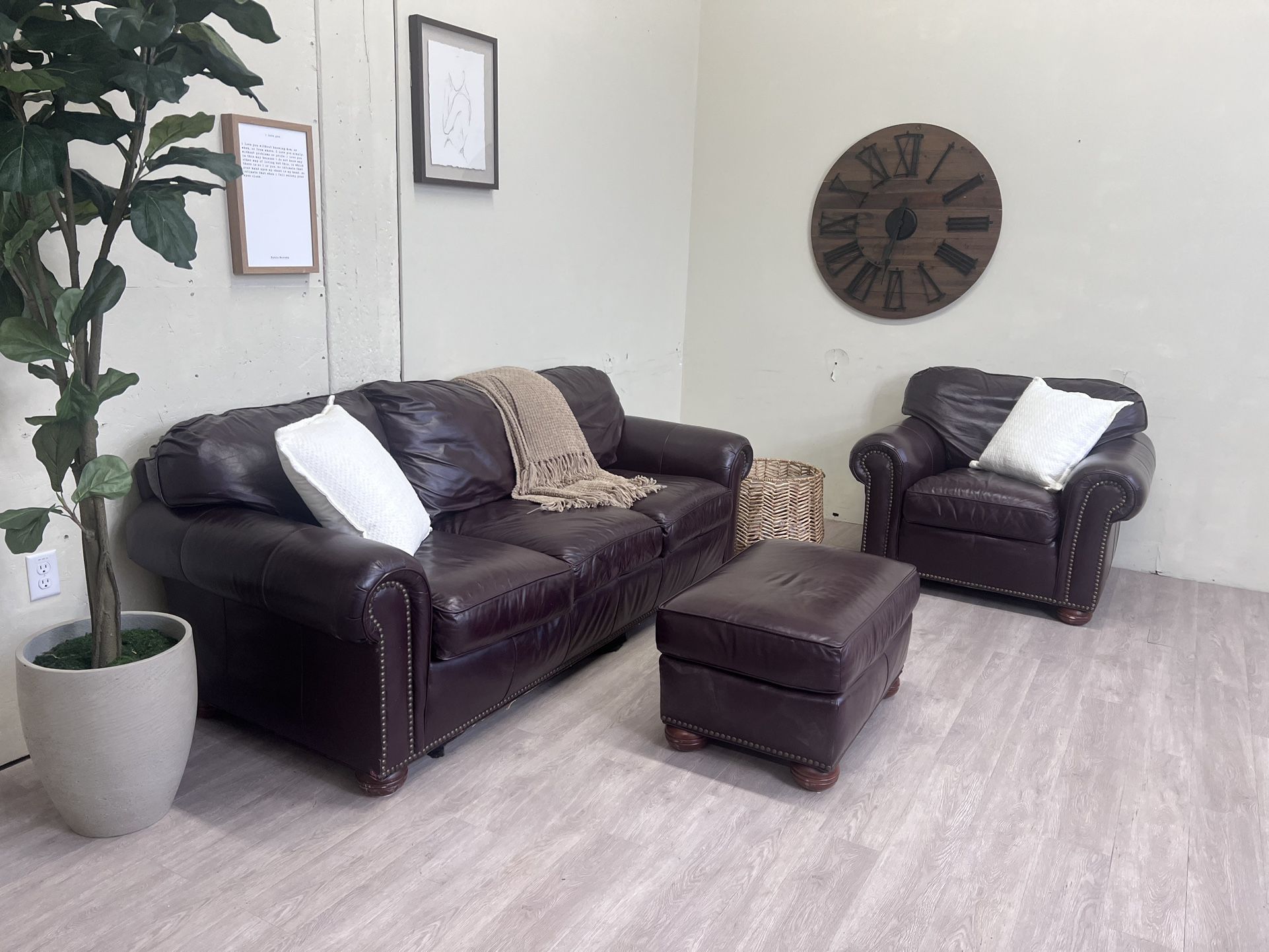 FREE DELIVERY! 🚚 - Dark Maroon Genuine Leather Studded 3 Seater Couch Chair & Ottoman Set