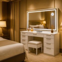 Vanity with Large Mirror and Lights, 46" Vanity Desk Dressing Table Set with 11 Drawers & Storage Stool, Dressing Table with Power Outlet and Magnifyi