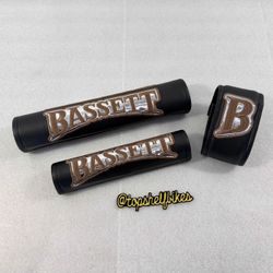 CUSTOM BASSETT BMX BLACK LEATHER CHROME BROWN STITCHING BMX PADS PADSET bully swooper ronin phoenix manhattan palumbo technique 24 26 29 bikes