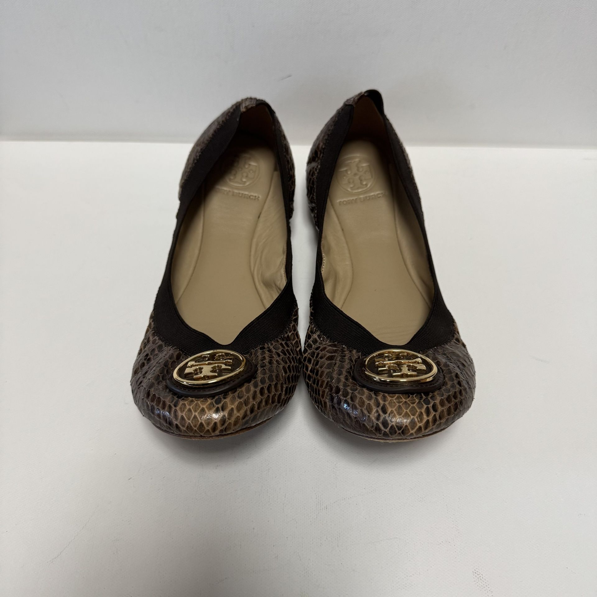 Tory Burch Women's Ballets Flats Brown Black Snake Skin Size 8M Logo Elastic