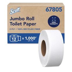 Scott Professional 100% Recycled Fiber High-Capacity Jumbo Roll Toilet Paper, Bulk (67805), 2-Ply, Septic Safe, White, Non-Perforated (12 Rolls at 1,0
