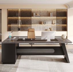78.7" L-Shaped Executive Desk, Extra Large Home Office Desk Modern Computer Business Workstation with File Drawers & Opne Shelves for Home Office, Gre