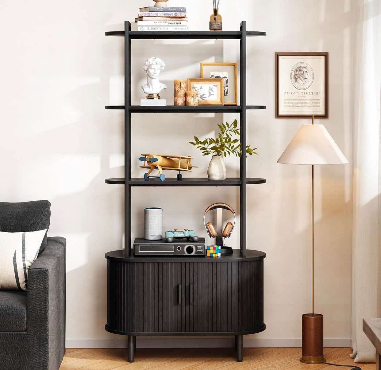 71" Tall Bookshelf, 4-Tier Book Shelf with Storage Cabinet, Modern Bookcase with Sliding Door and Adjustable Footpad, Freestanding Storage Organizer B