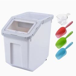 Pet Food Storage Container, Grain Storage Barrels Sealed Bucket on Wheels Dog Cat Dry Food Bin Rice Flour Boxes with Scoop and Measuring Cup, Gray