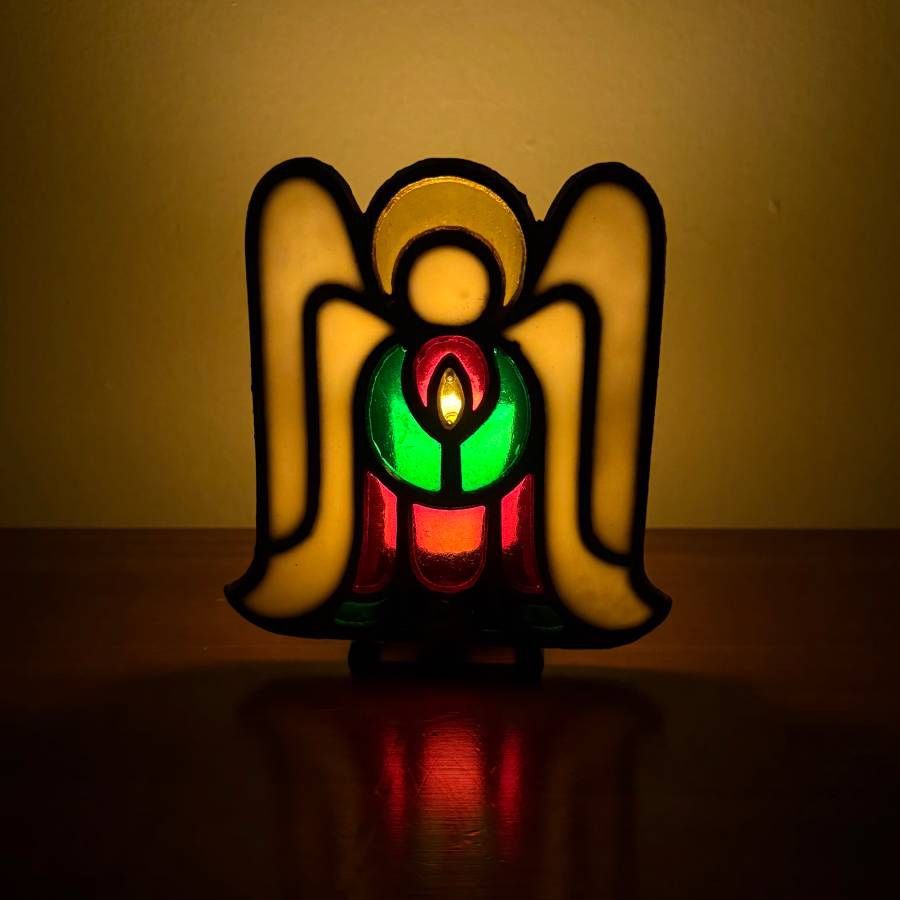 Vintage Stained Glass Tea Light Votive Candle Holder Cast Iron Christmas Angel Decor