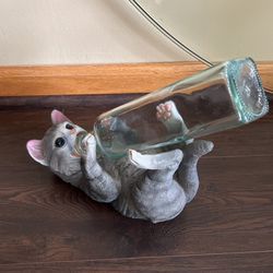 F unny Gray Kitty Cat Wine Bottle Holder Sculpture for Unique Tabletop Wine Racks & Stands or Feline Statues and Animal Figurines As for Pet Owners