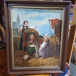 LARGE ANTIQUE OIL ON WOOD PAINTING
