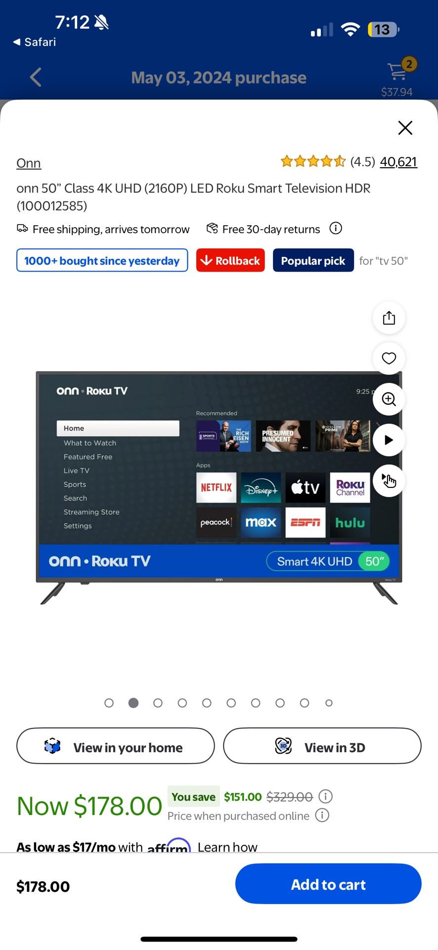 onn 50” Class 4K UHD (2160P) LED Roku Smart Television HDR (100012585)